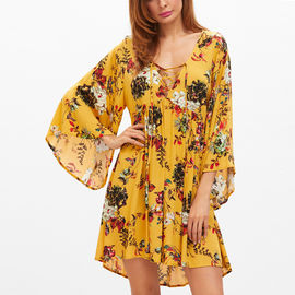 Alibaba long sleeve yellow floral print v neck maxi dress women
