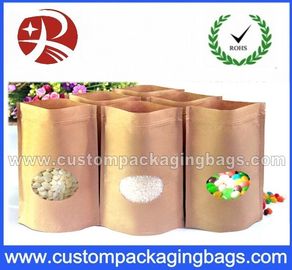 Laminated Zip Lock Kraft Paper Stand Up Pouches For Food With Ground Clear Window