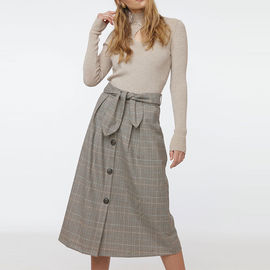 Rok Kotak-kotak Midi Tartan Tinggi Berpinggang Untuk Wanita